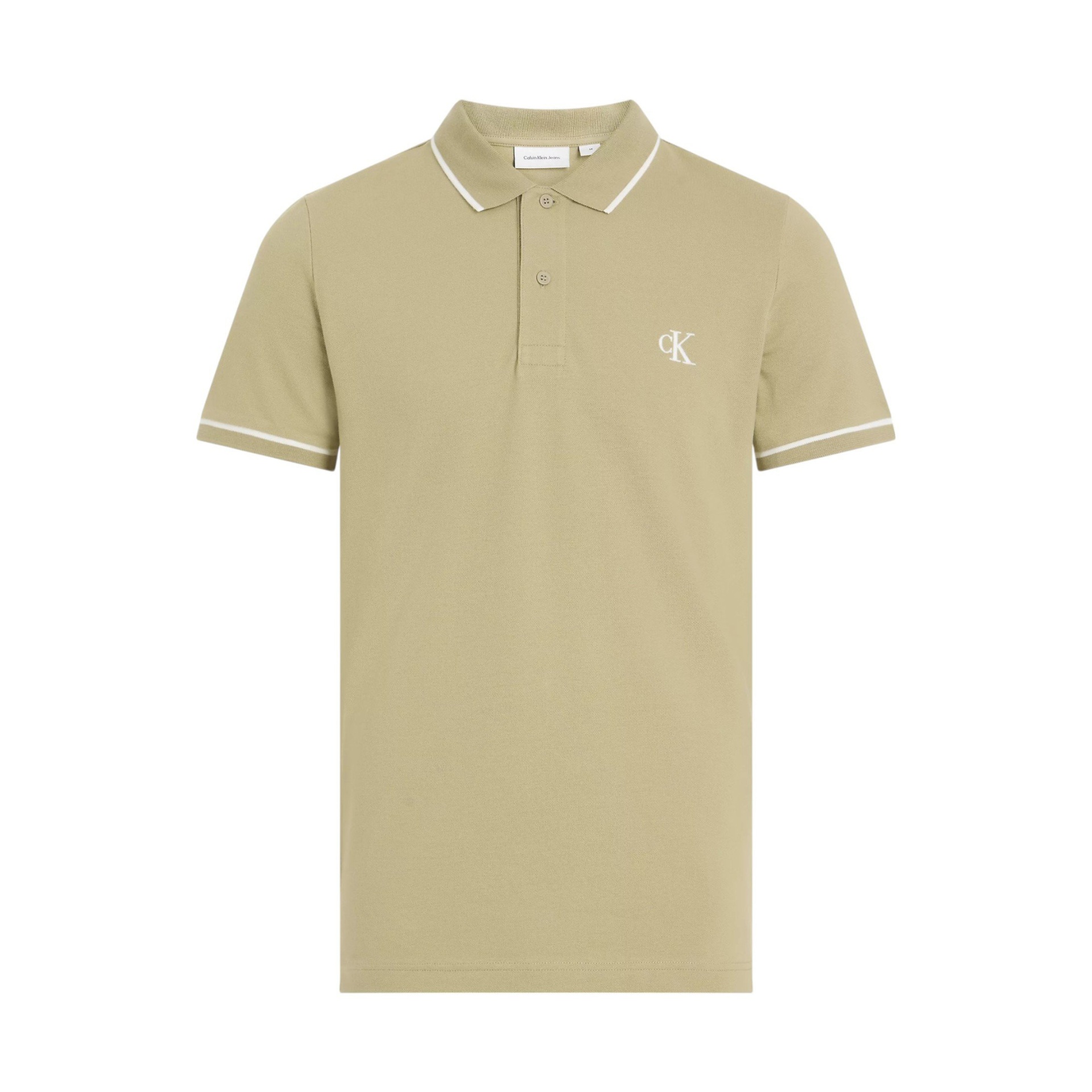 Polo bege de manga curta com gola e punhos com listra branca e logo 'ck' bordado