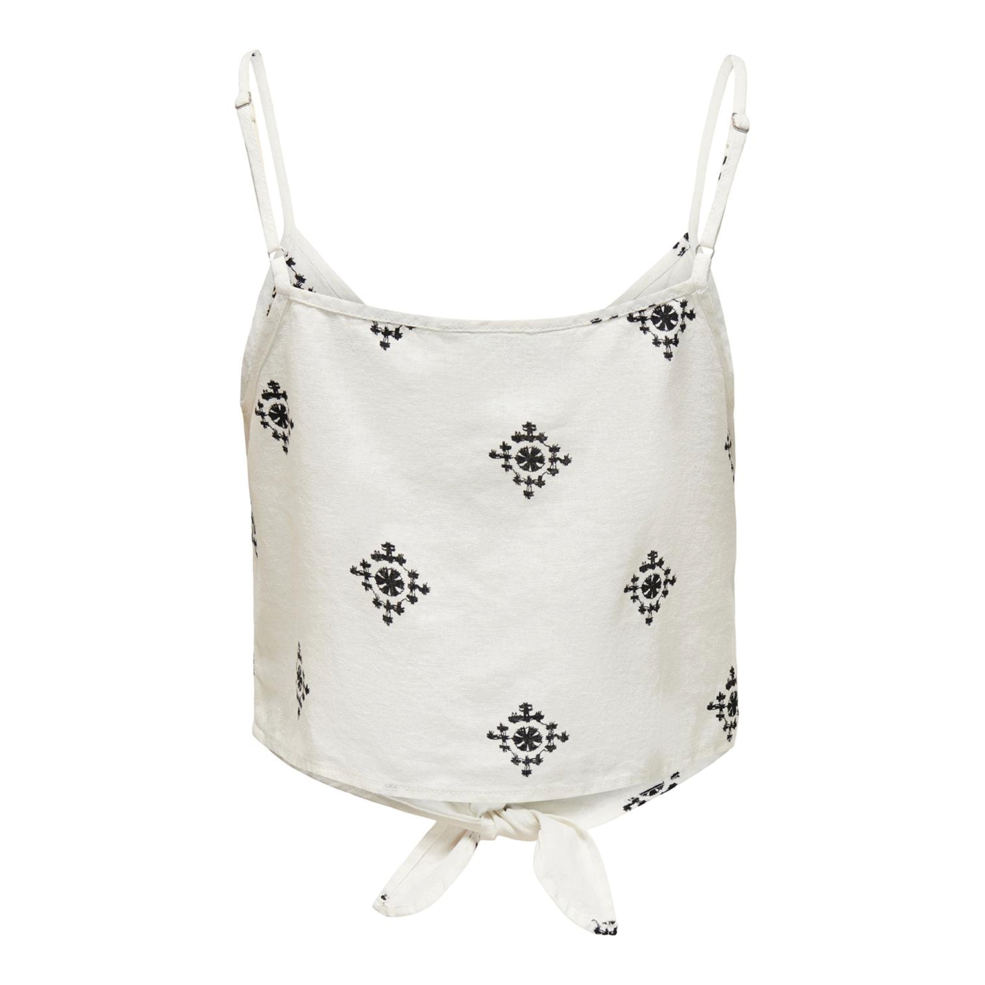 Top branco com padrão preto e nó frontal