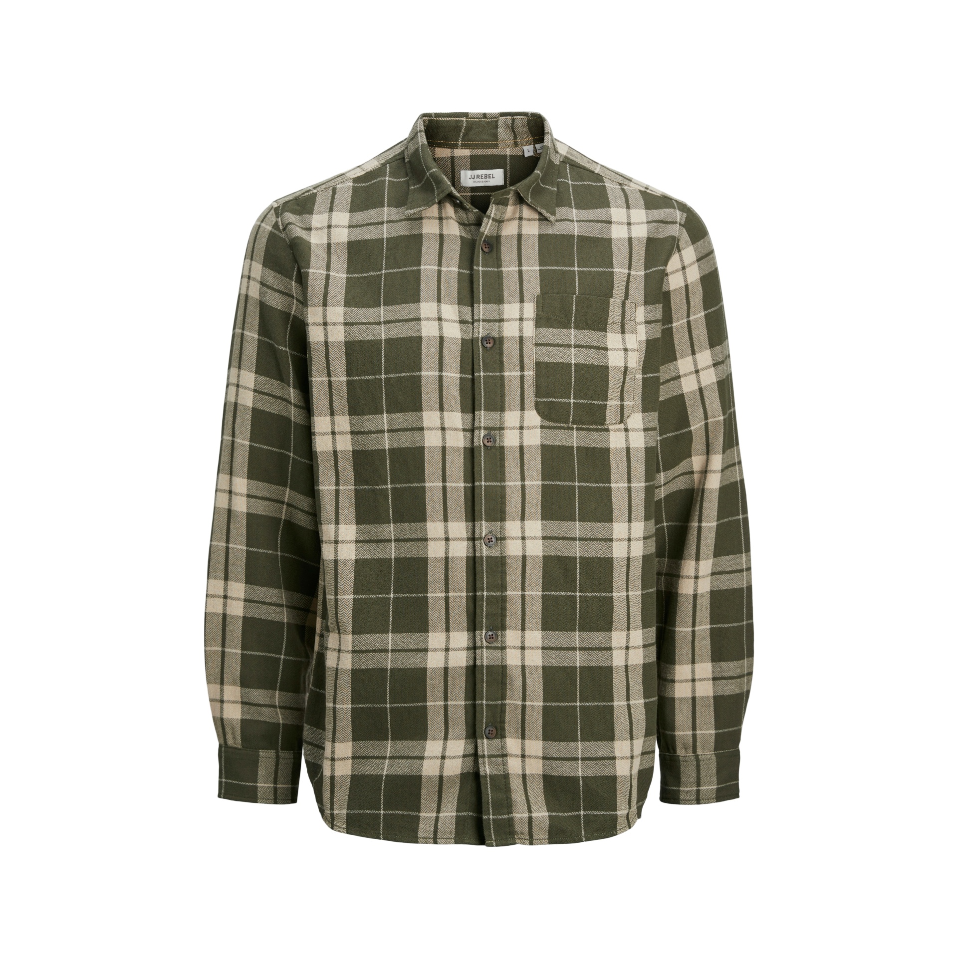 Camisa xadrez verde e bege de manga comprida com bolso frontal em fundo branco