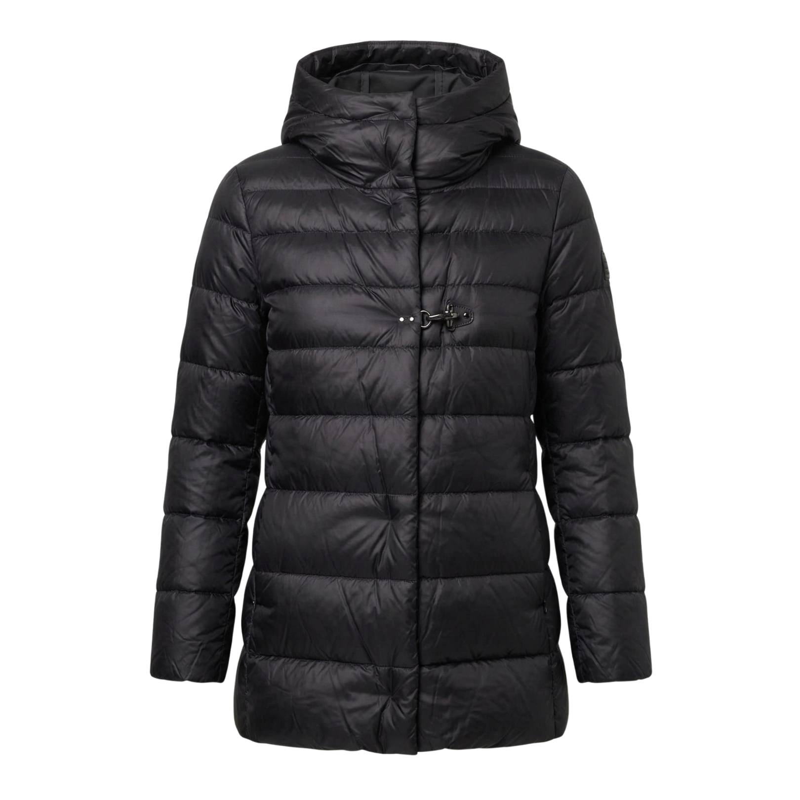 Casaco acolchoado preto com capuz e fecho metálico