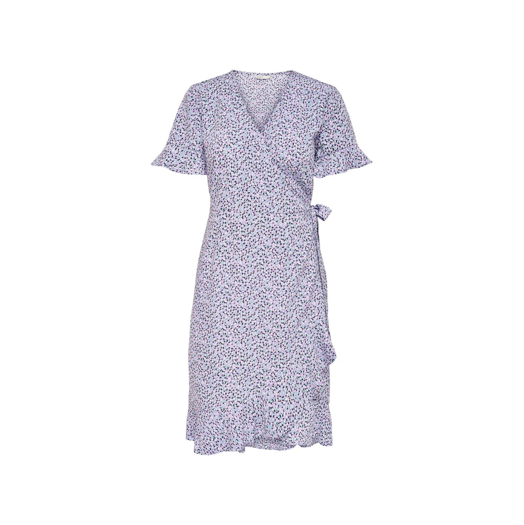 Vestido feminino lilás com padrão floral e folhos