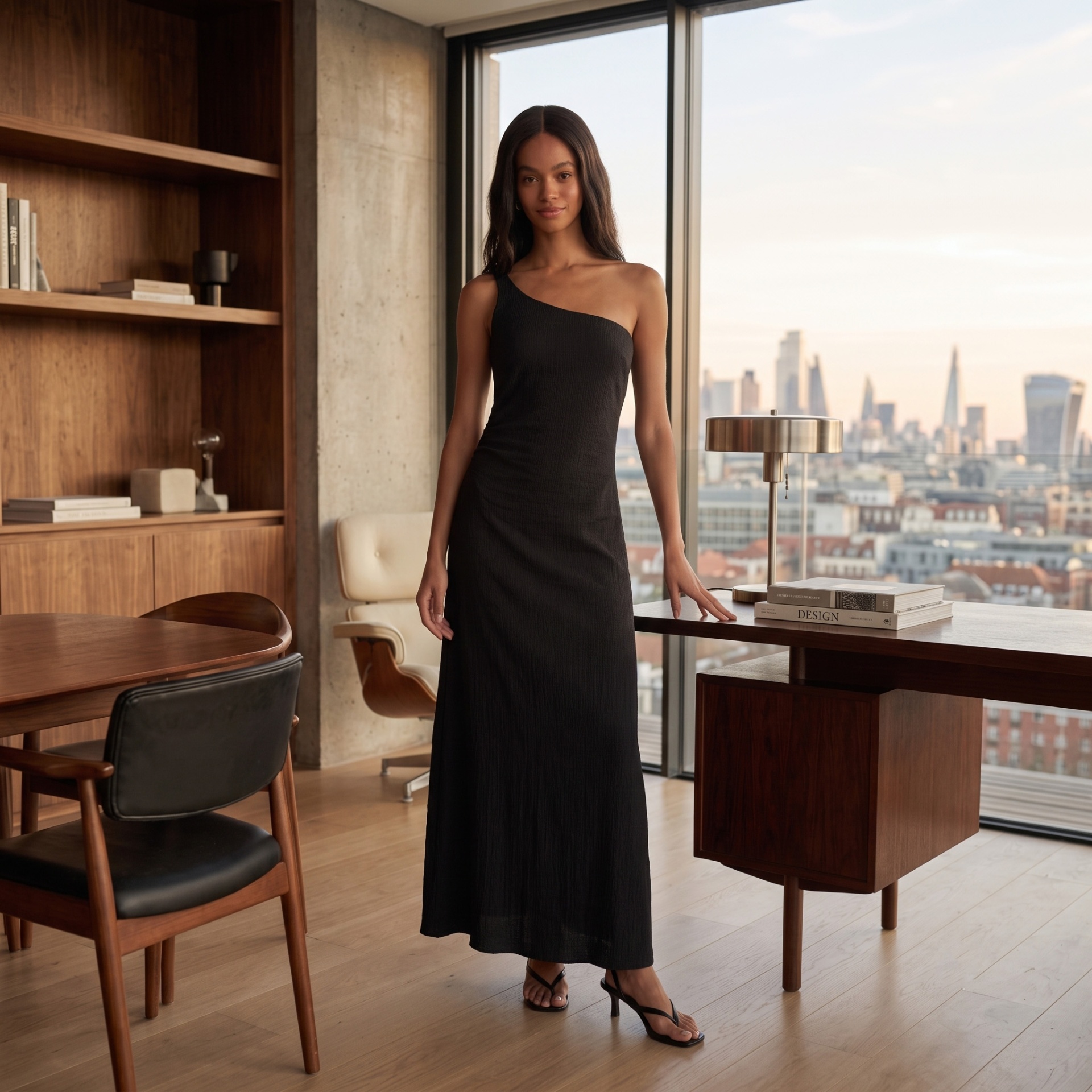 Vestido preto longo de um ombro só numa modelo em ambiente interior moderno com vista da cidade.