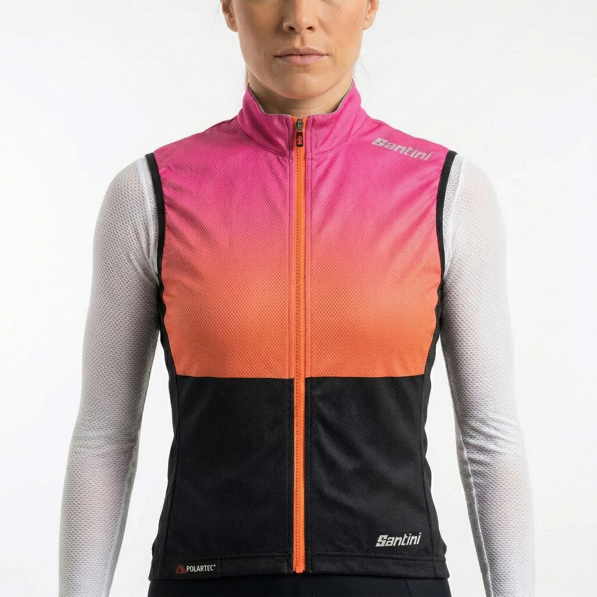 Colete desportivo feminino rosa, laranja e preto com fecho de correr