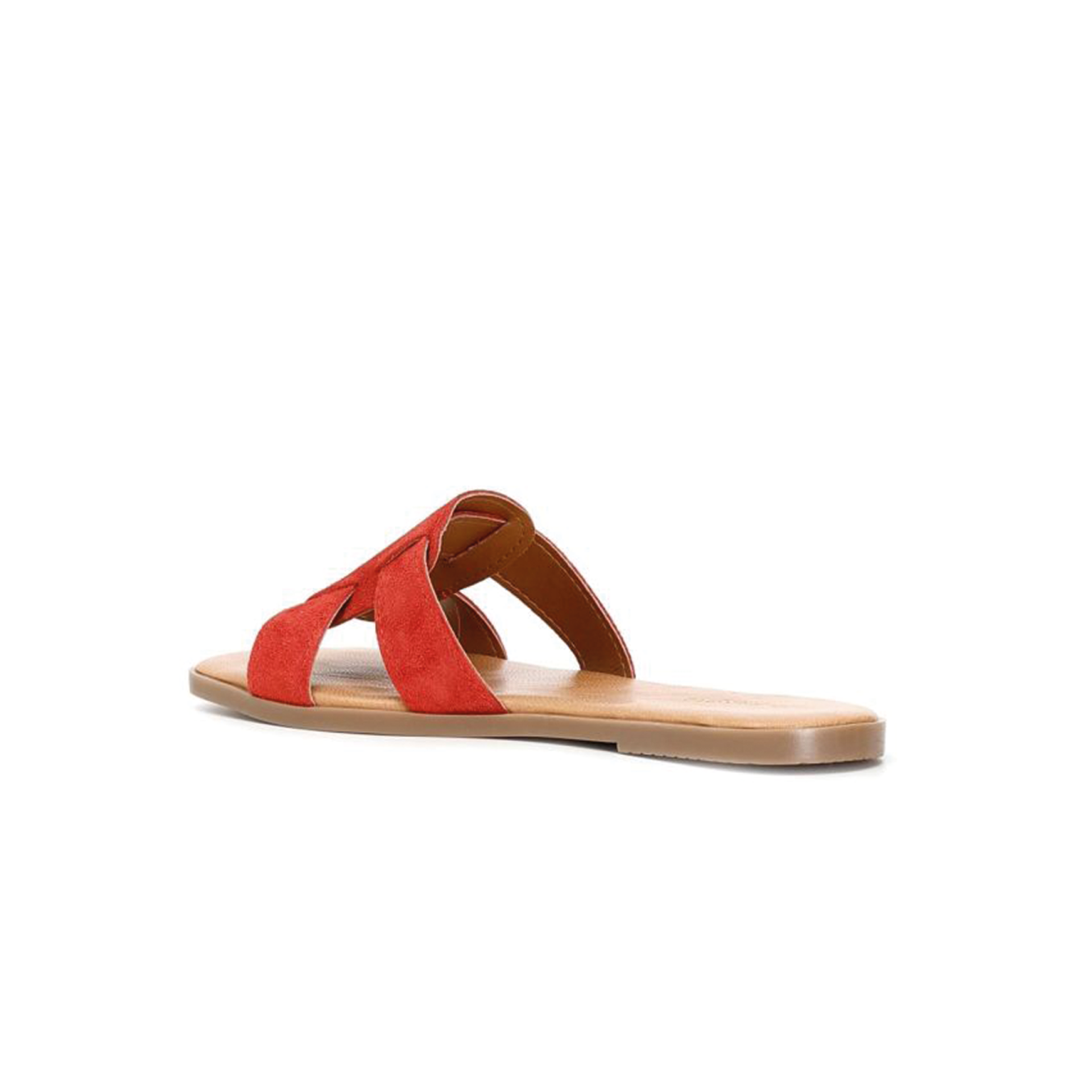 Sandália aberta com tiras cruzadas em camurça vermelha e sola plana bege