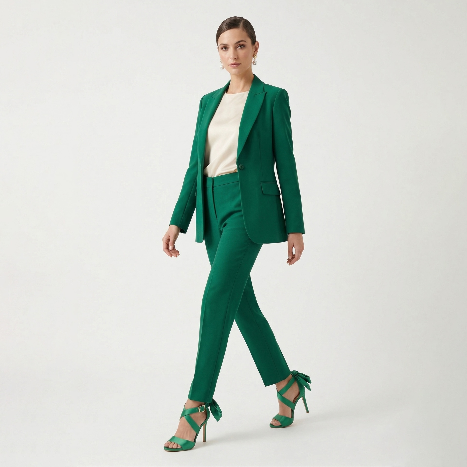 Conjunto verde com blazer, calças e sandálias de salto