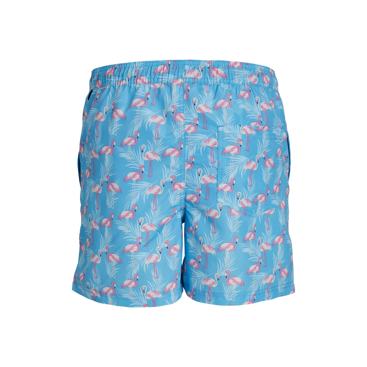 Calções de banho azuis com padrão de flamingos cor-de-rosa e folhas brancas