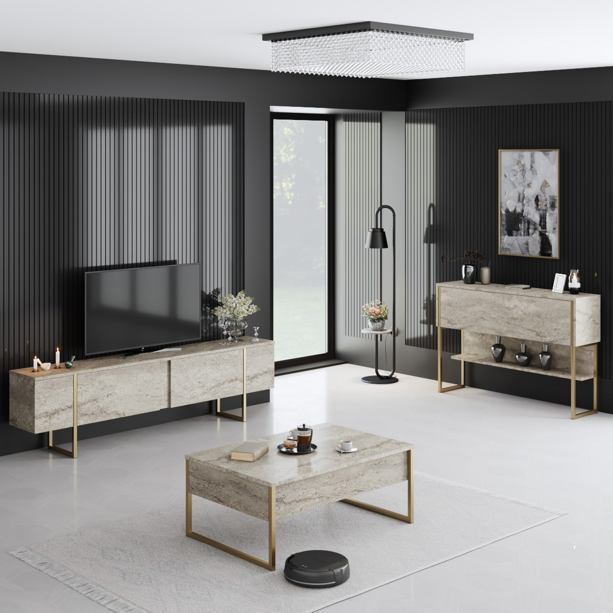 sala moderna com móveis de pedra clara e estrutura dourada, paredes pretas, candeeiro de pé e candelabro de cristais no teto