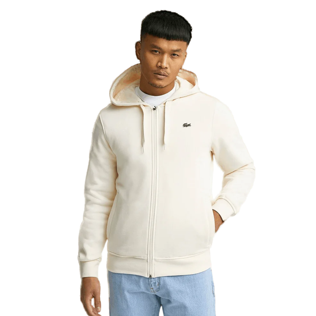 Casaco de capuz creme com fecho de correr e logo de crocodilo verde