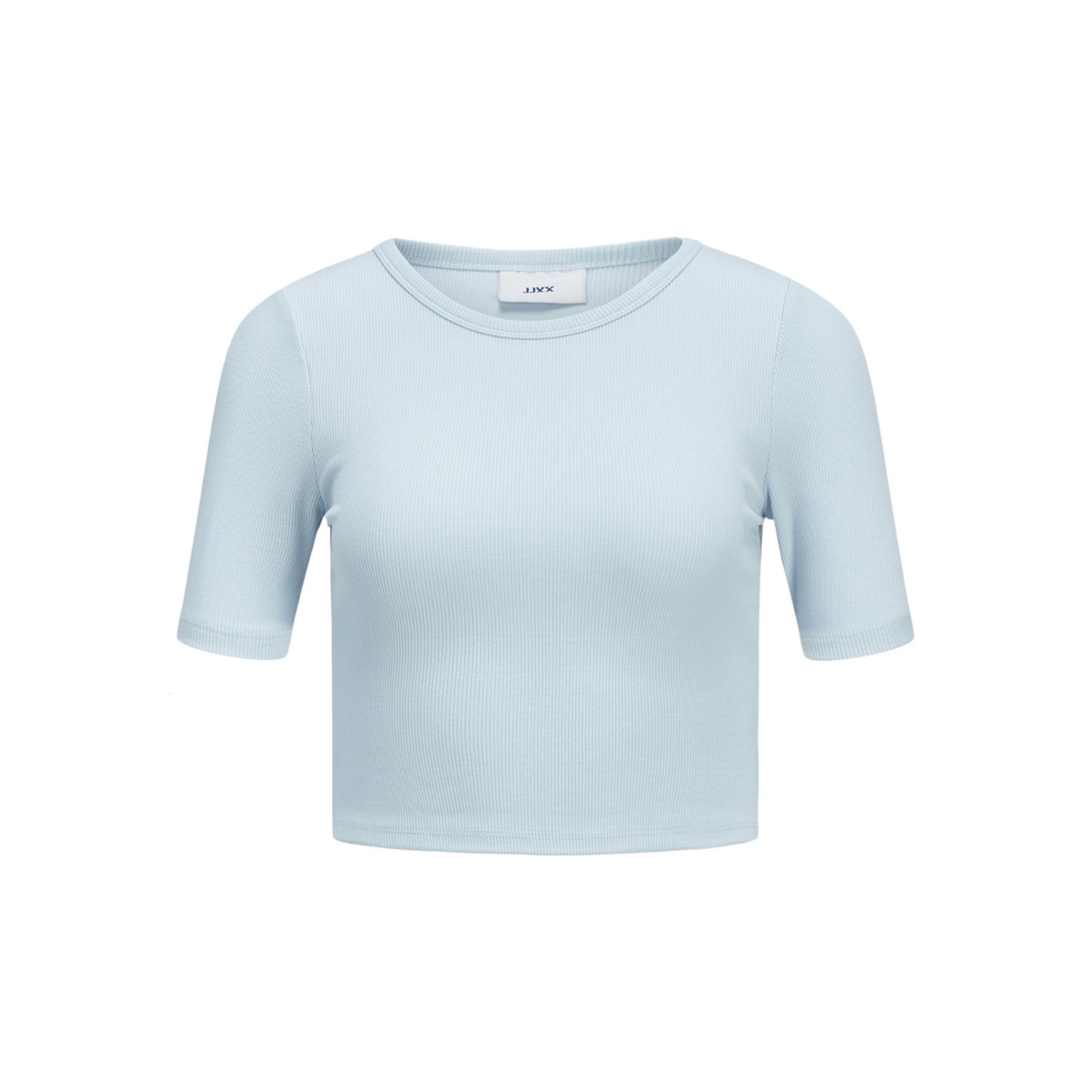 T-shirt azul clara de manga curta e tecido canelado