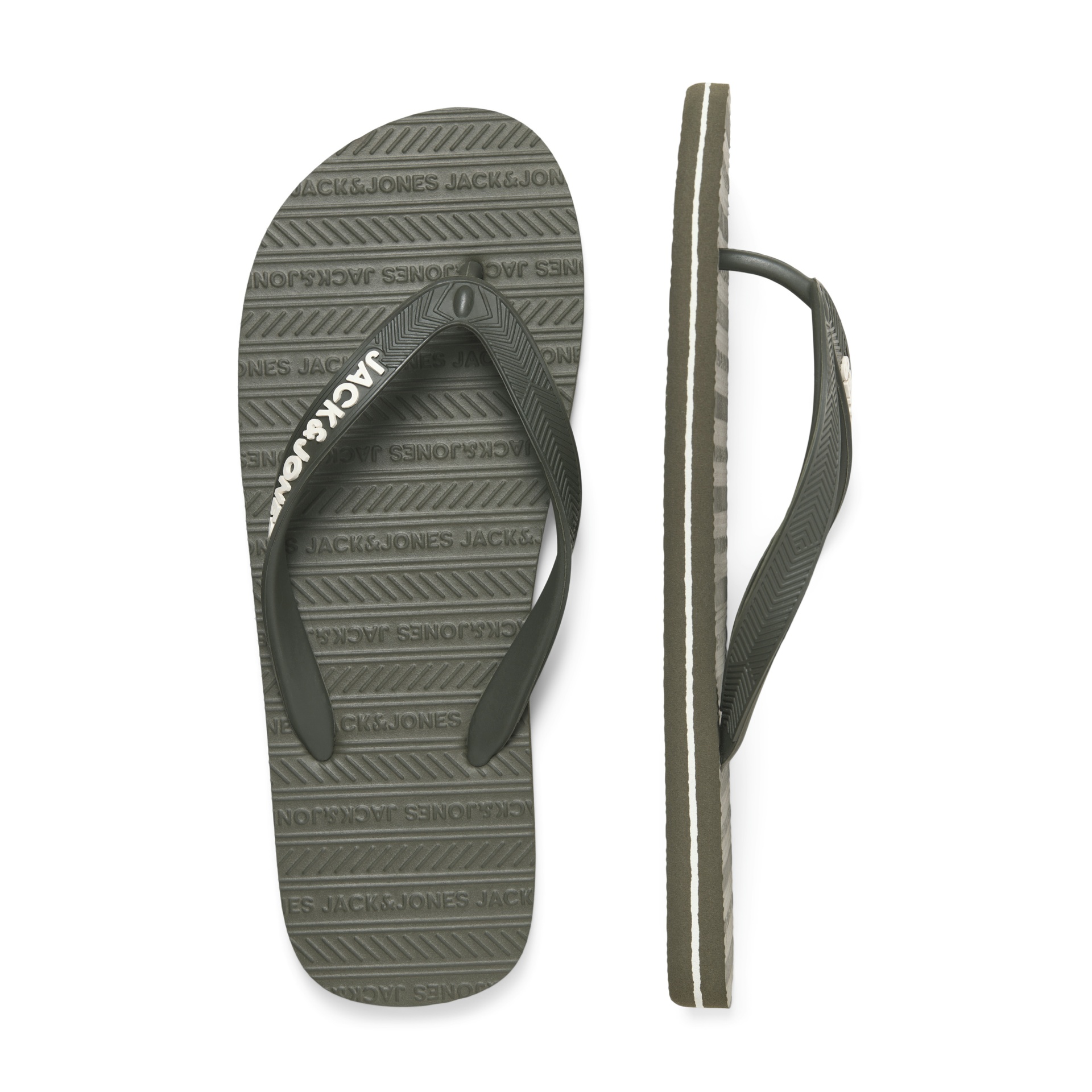 Chinelos de dedo cinzentos com texto JACK&JONES nas tiras e sola