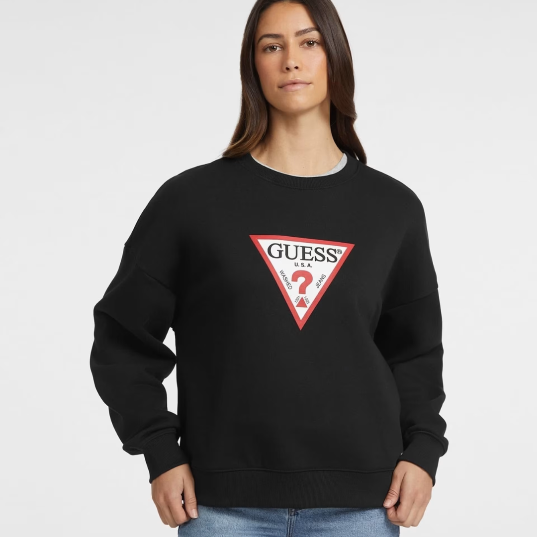 Sweatshirt preta Guess com logótipo triangular vermelho e branco