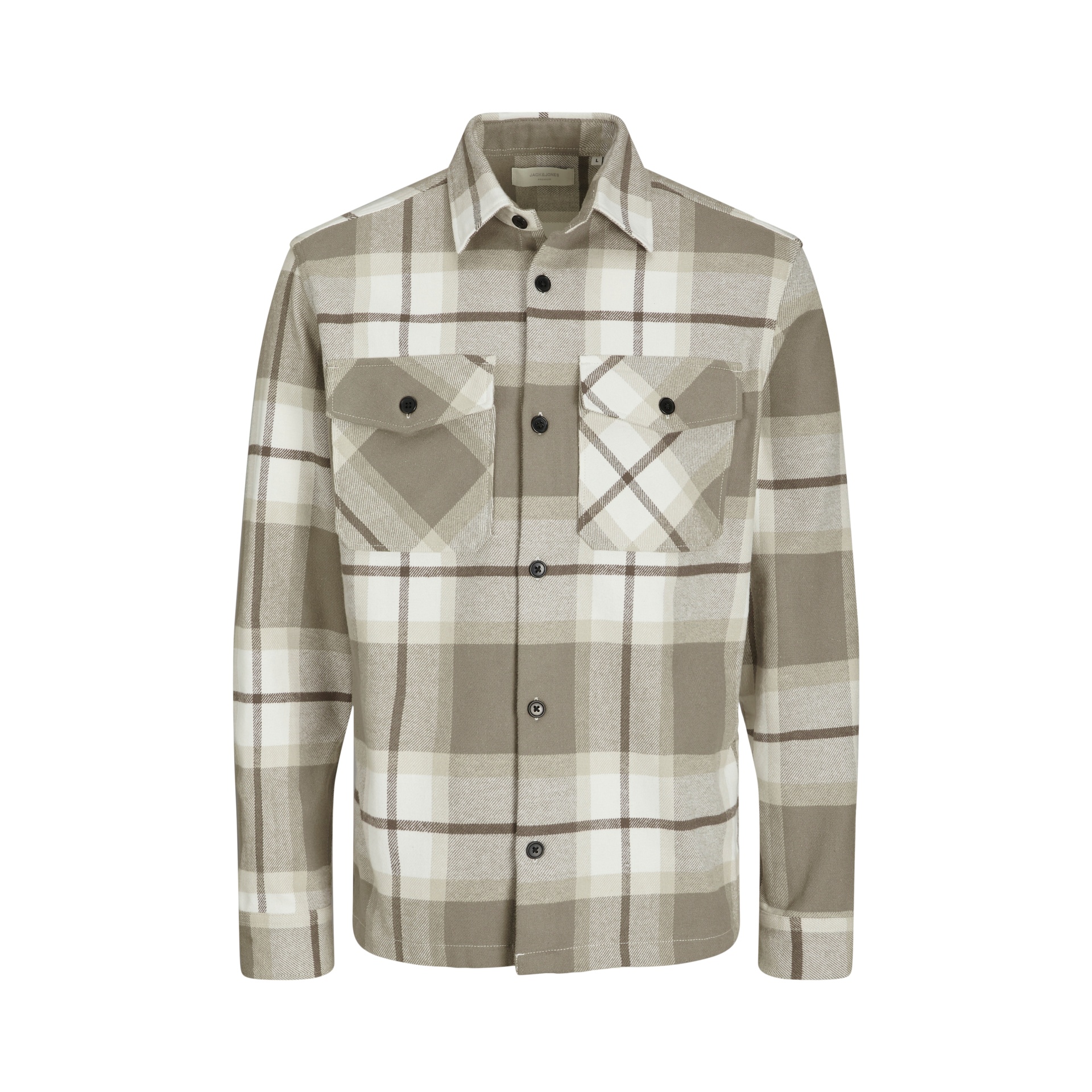 Casaco camisa xadrez bege, branco e castanho com bolsos e botões pretos