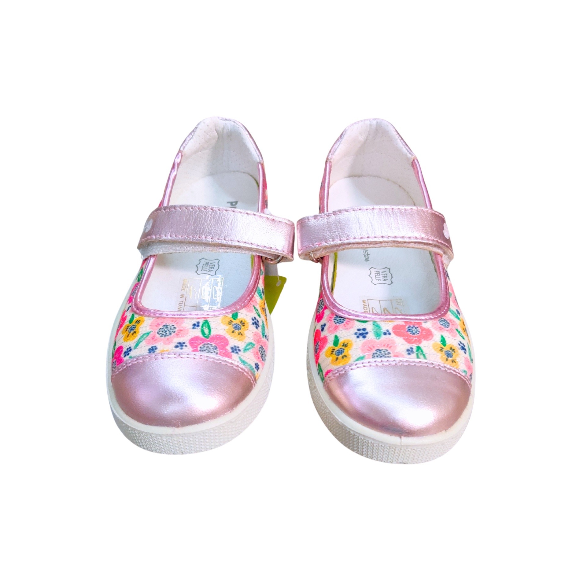 Sapatos infantis Mary Jane rosa metálico com estampa floral e velcro