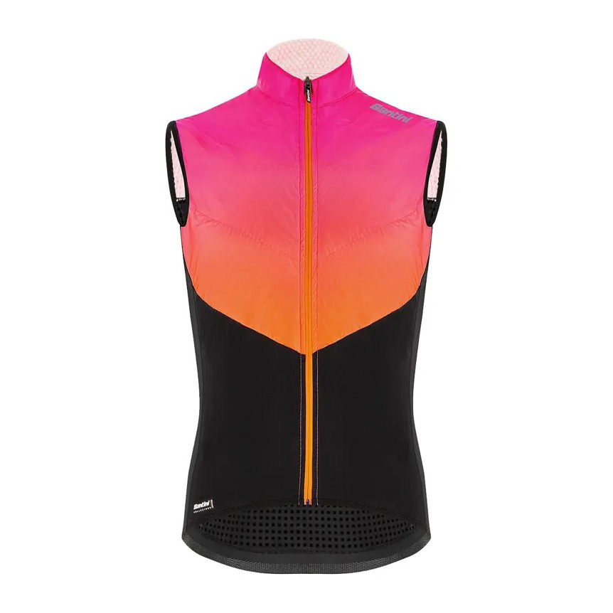 Colete de ciclismo rosa, laranja e preto sem mangas com fecho frontal