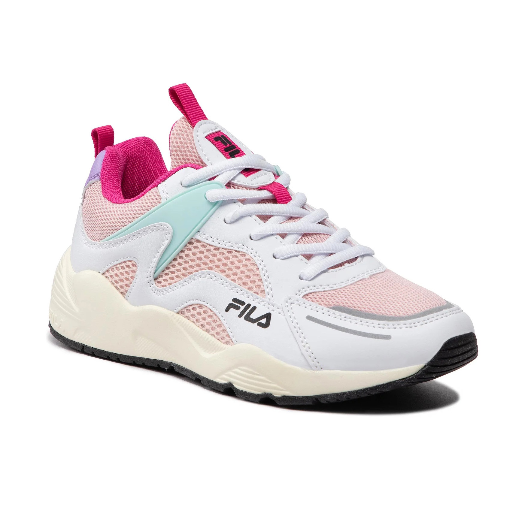 Tênis desportivo feminino Fila rosa e branco com sola preta