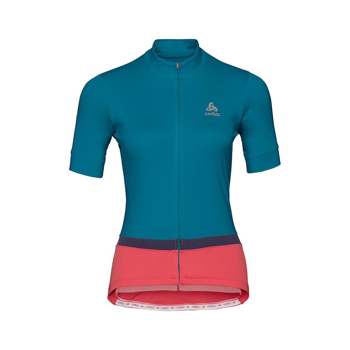 Camisola de ciclismo azul turquesa com detalhe cor-de-rosa e fecho de correr