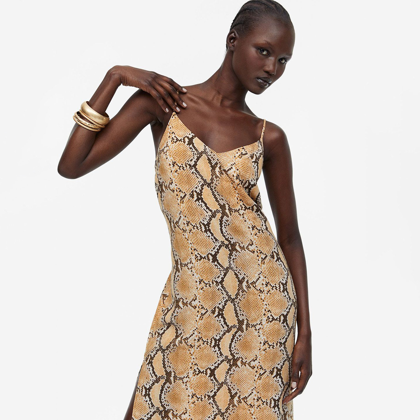 Vestido comprido padrão imitação pele de serpente bege e castanho com alças finas
