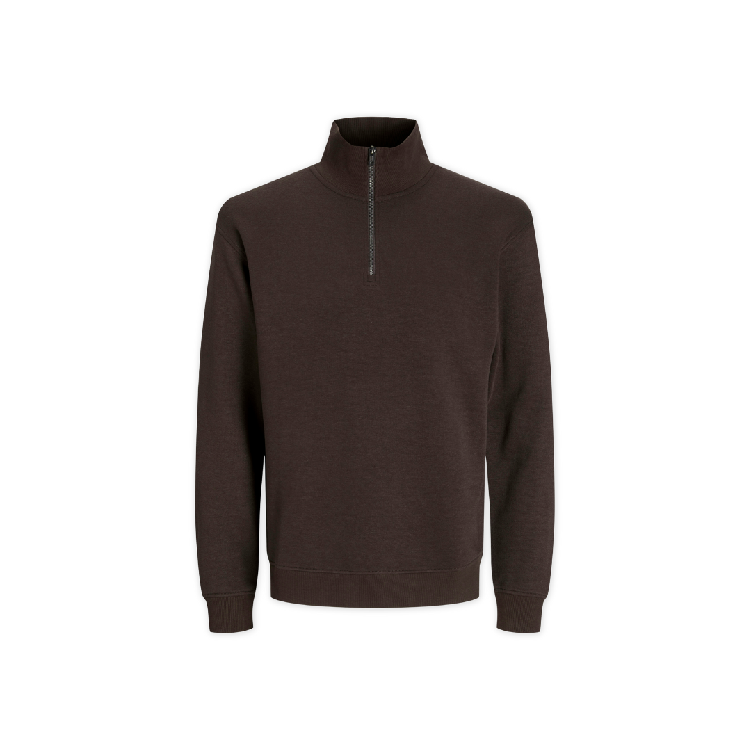 Camisola castanha escura com fecho de correr no colarinho alto