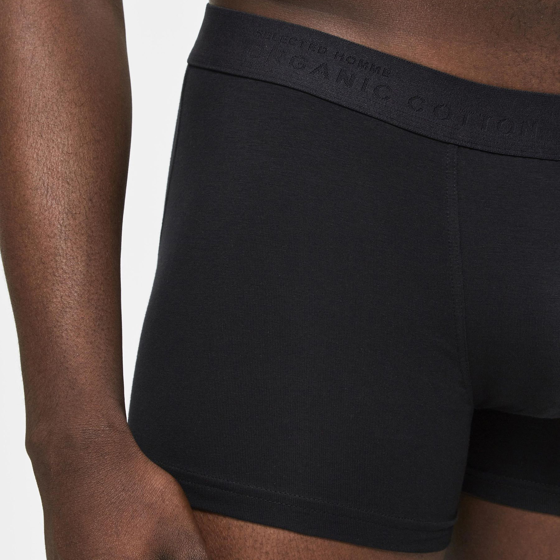 Cuecas boxer pretas com cós largo e texto em algodão orgânico