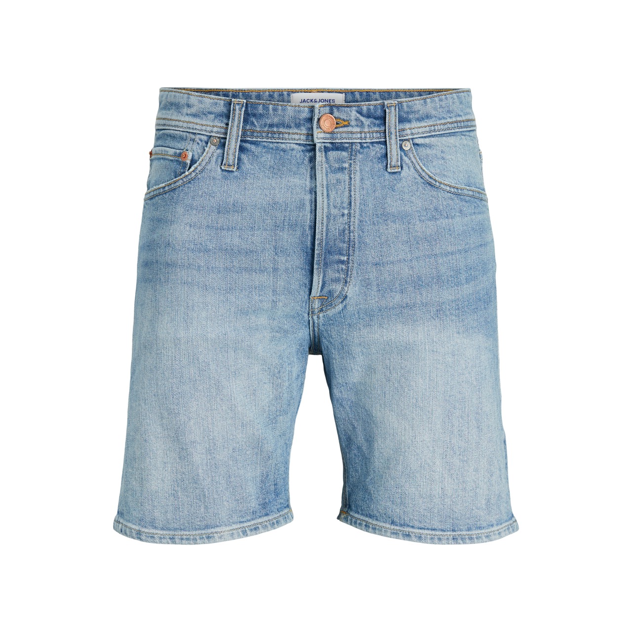 Calções de ganga azul claro com bolsos frontais e fecho de botão