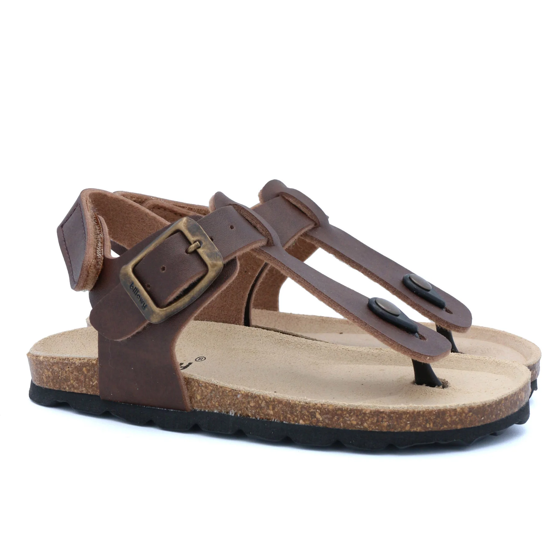 Sandálias castanhas com fivela dourada e sola de cortiça