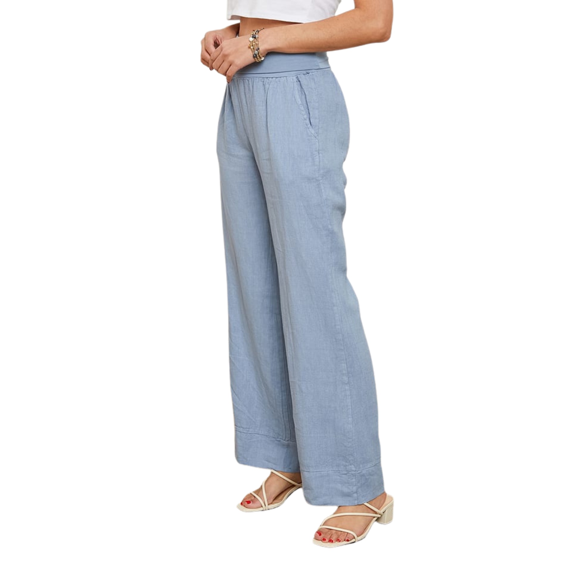 Calças de ganga claras femininas com corte largo e cintura elástica