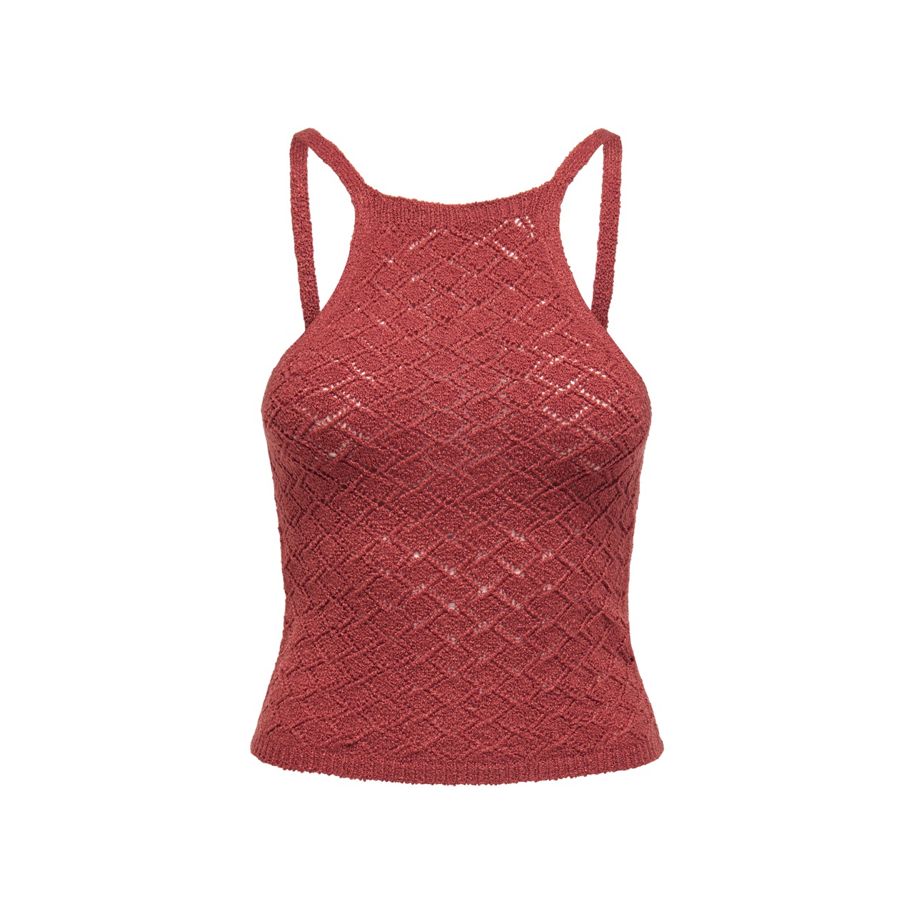 Top feminino terracota com padrão geométrico e alças finas