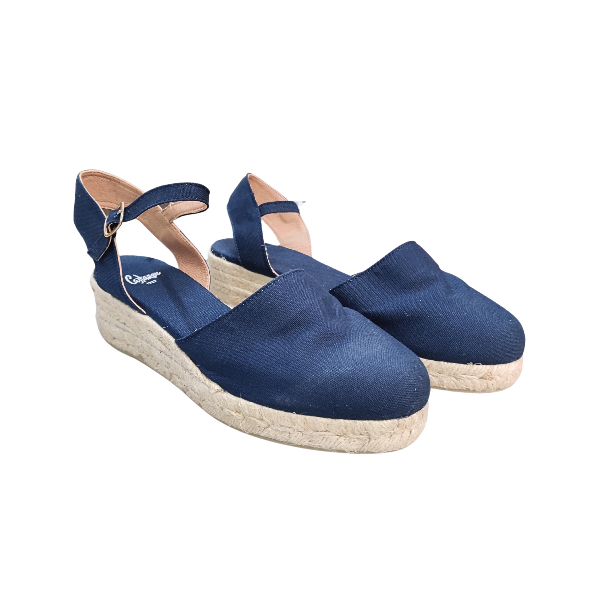 Sandálias azuis com salto em cortiça e tira de fecho metálico