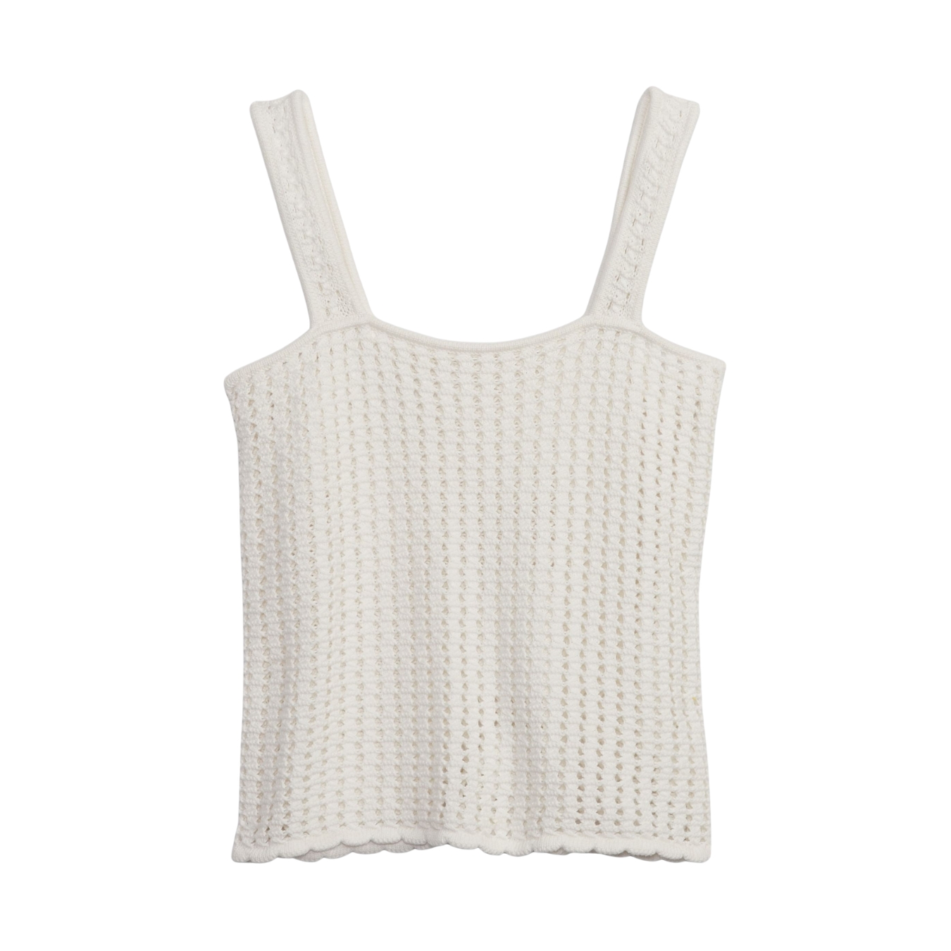 Top feminino branco de malha com padrão de tricô aberto e alças largas