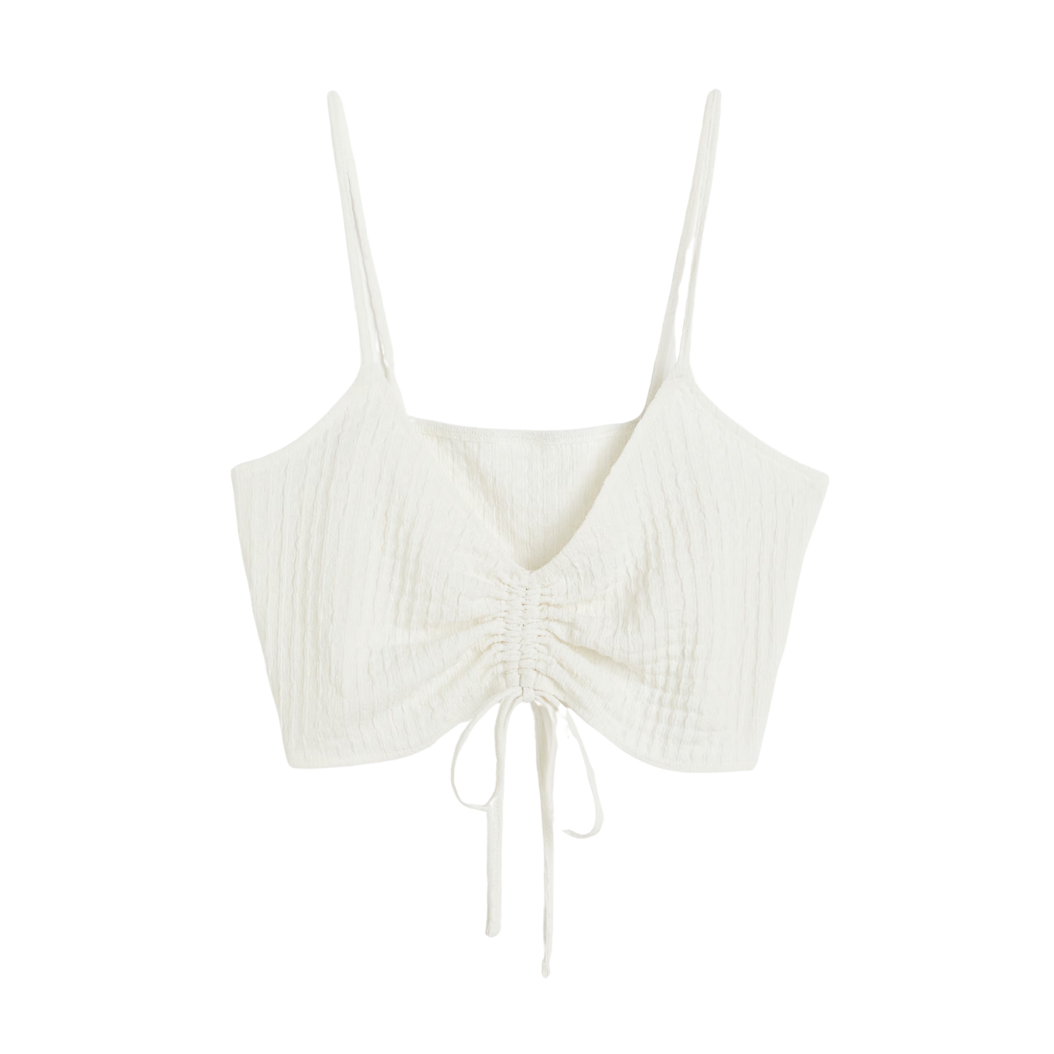 Top feminino branco com alças finas e cordão ajustável franzido