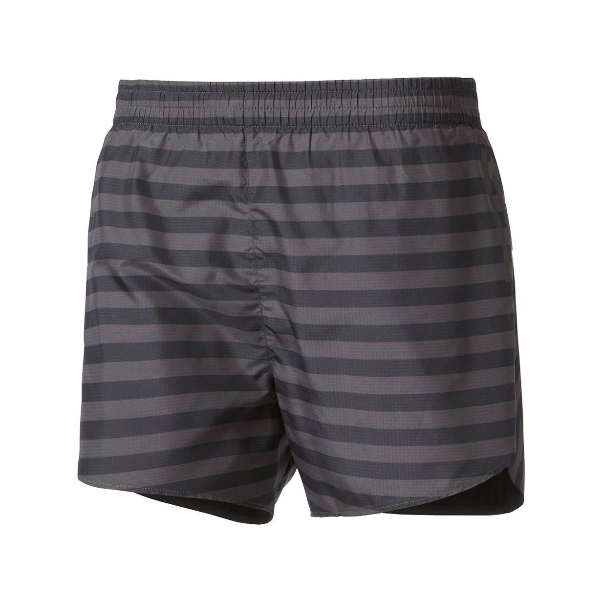 Calções de banho risca preta e cinzenta com cintura elástica.