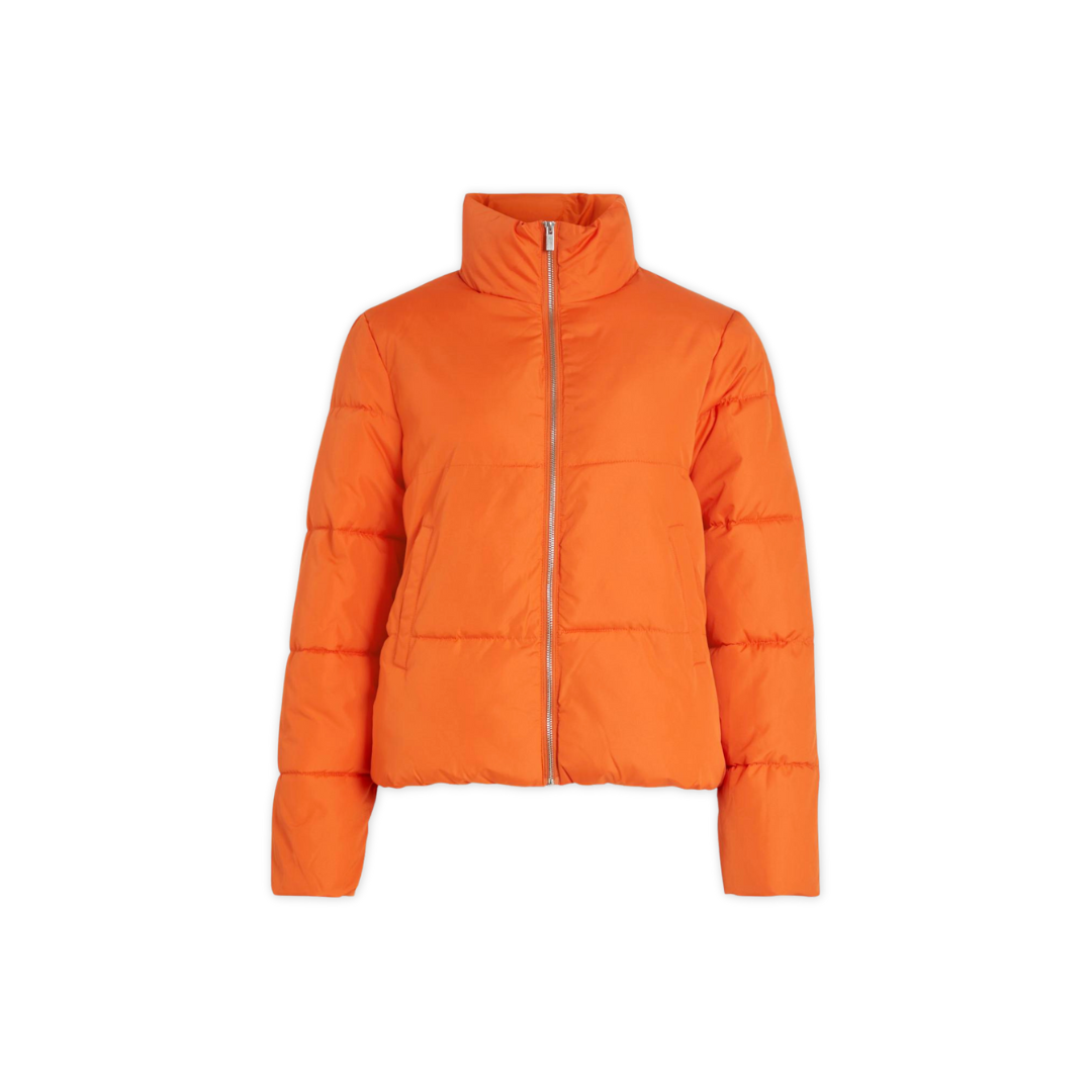 Casaco almofadado laranja com fecho de correr e gola alta.