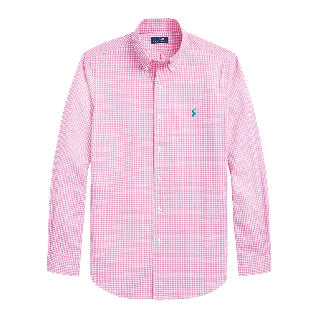 Camisa rosa xadrez de mangas compridas com logótipo verde Polo Ralph Lauren