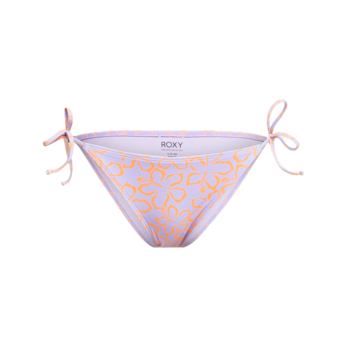 Cueca de bikini lilás com padrão de flores laranja e laços nas laterais