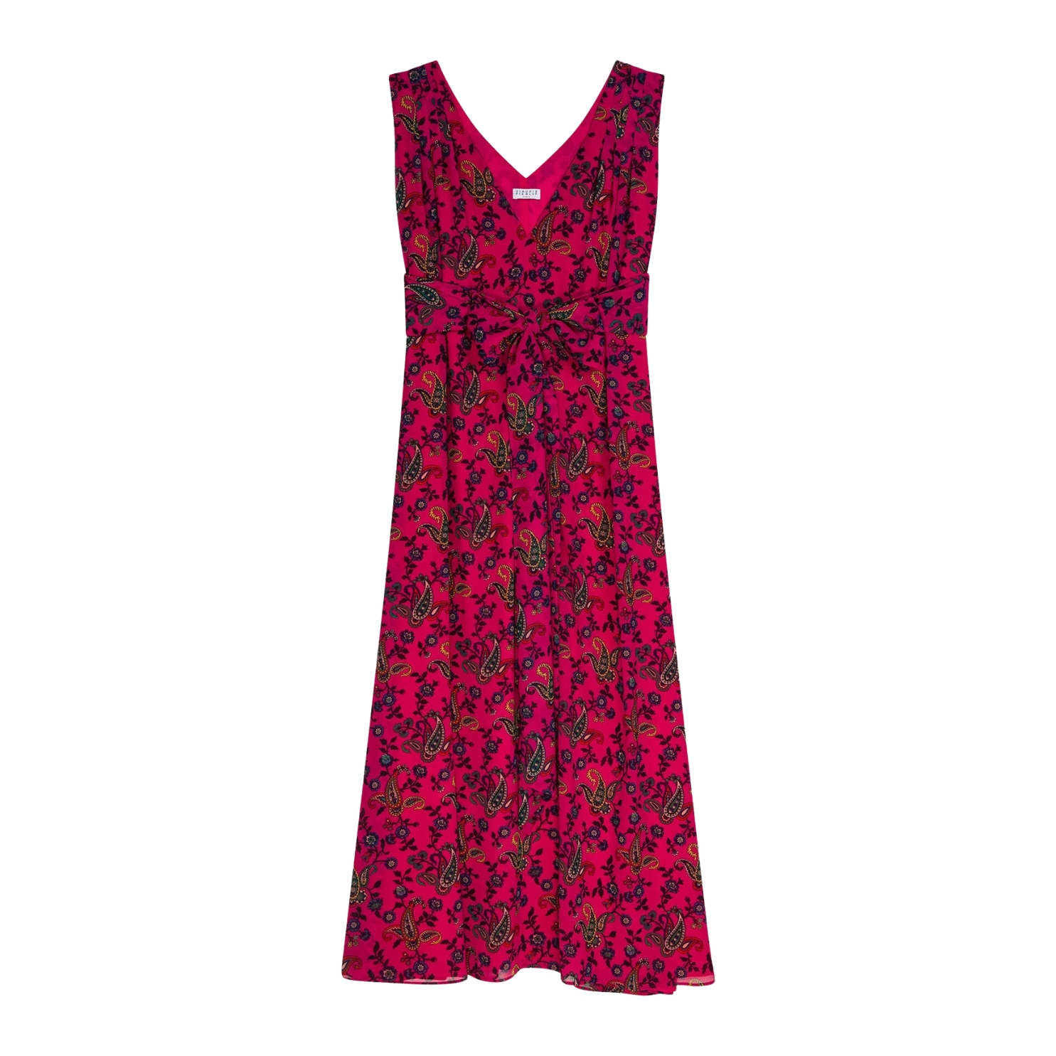 Vestido comprido cor de rosa com padrão floral e decote em V