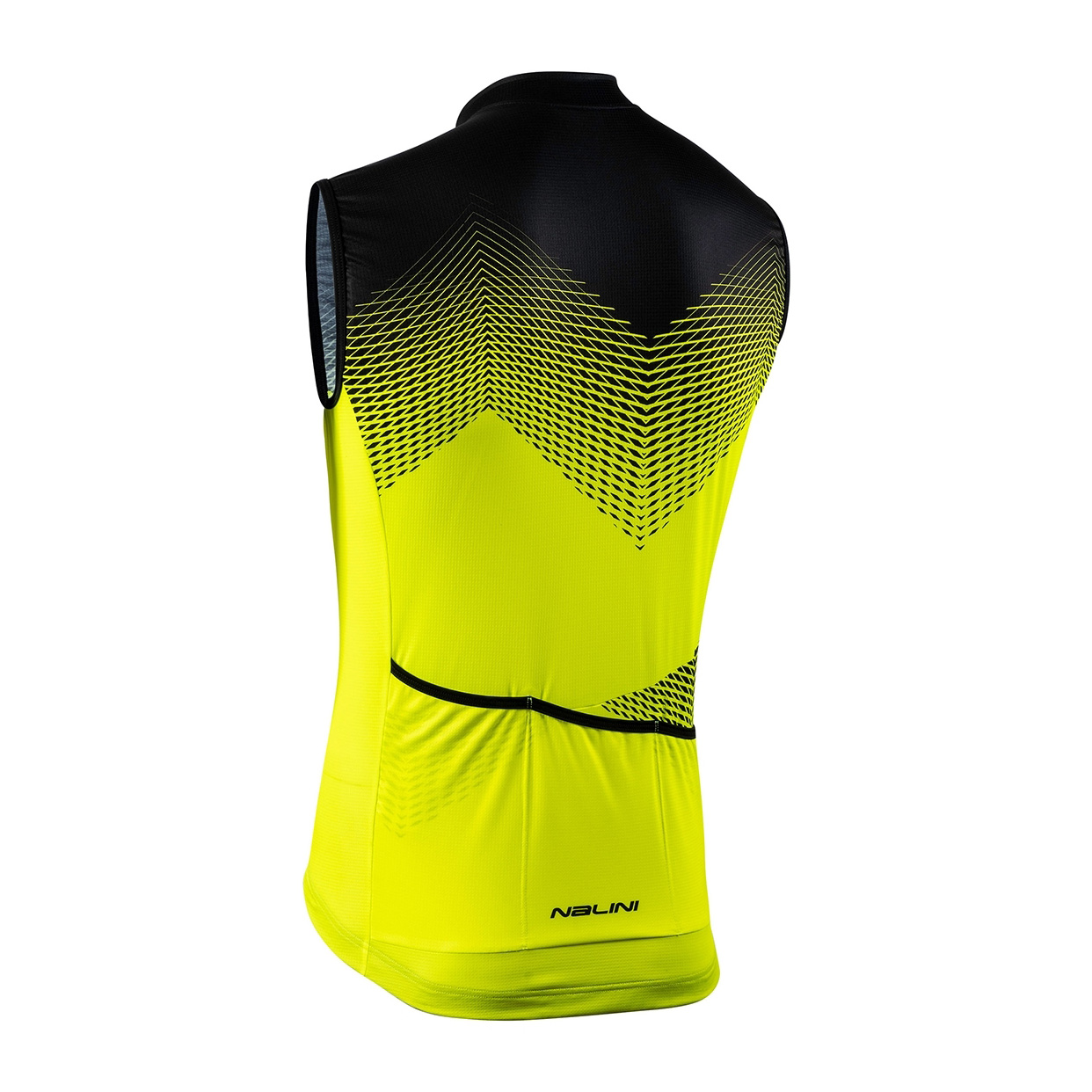 Colete ciclista amarelo fluorescente com padrão preto e logótipo NALINI nas costas