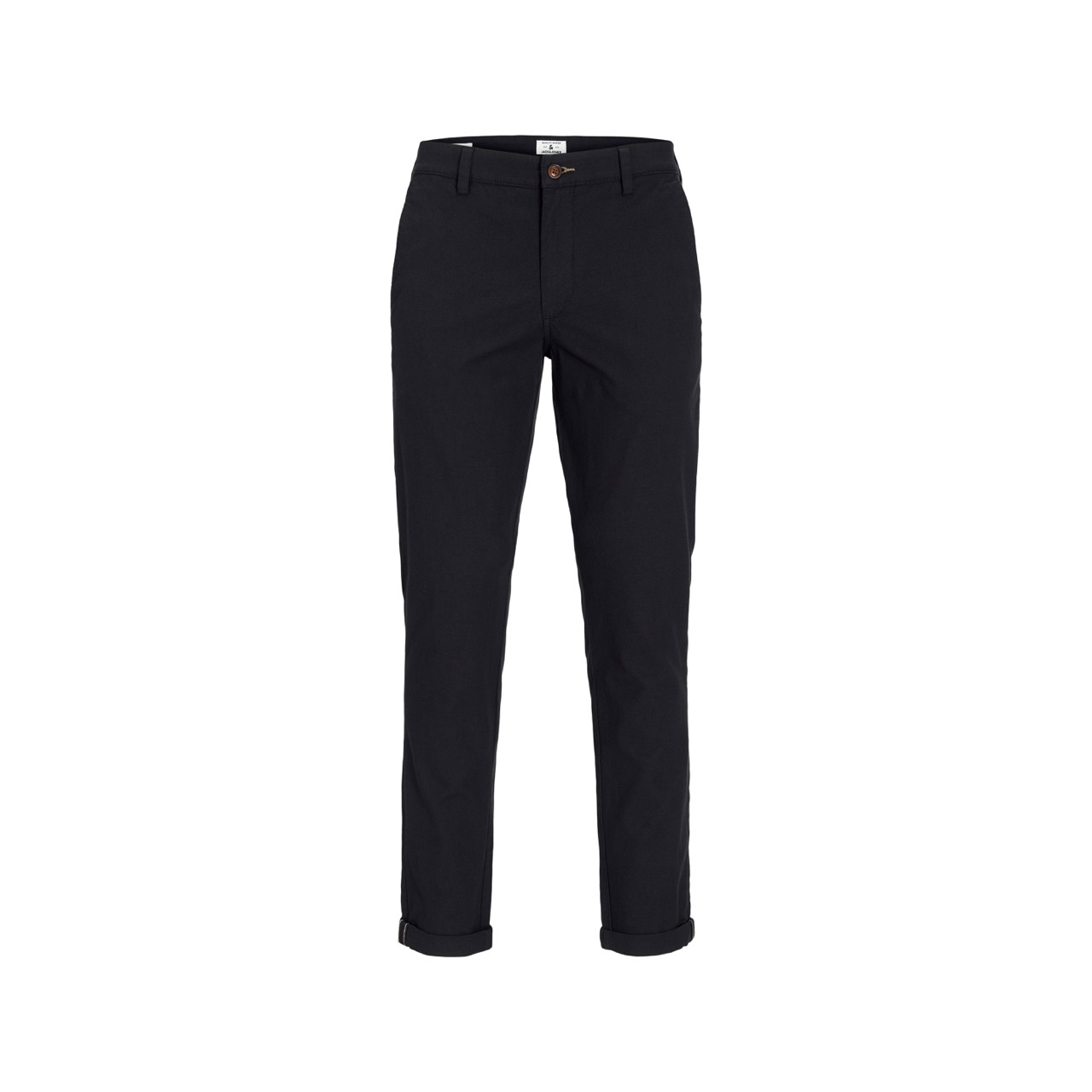 Calças pretas compridas com bainha dobrada