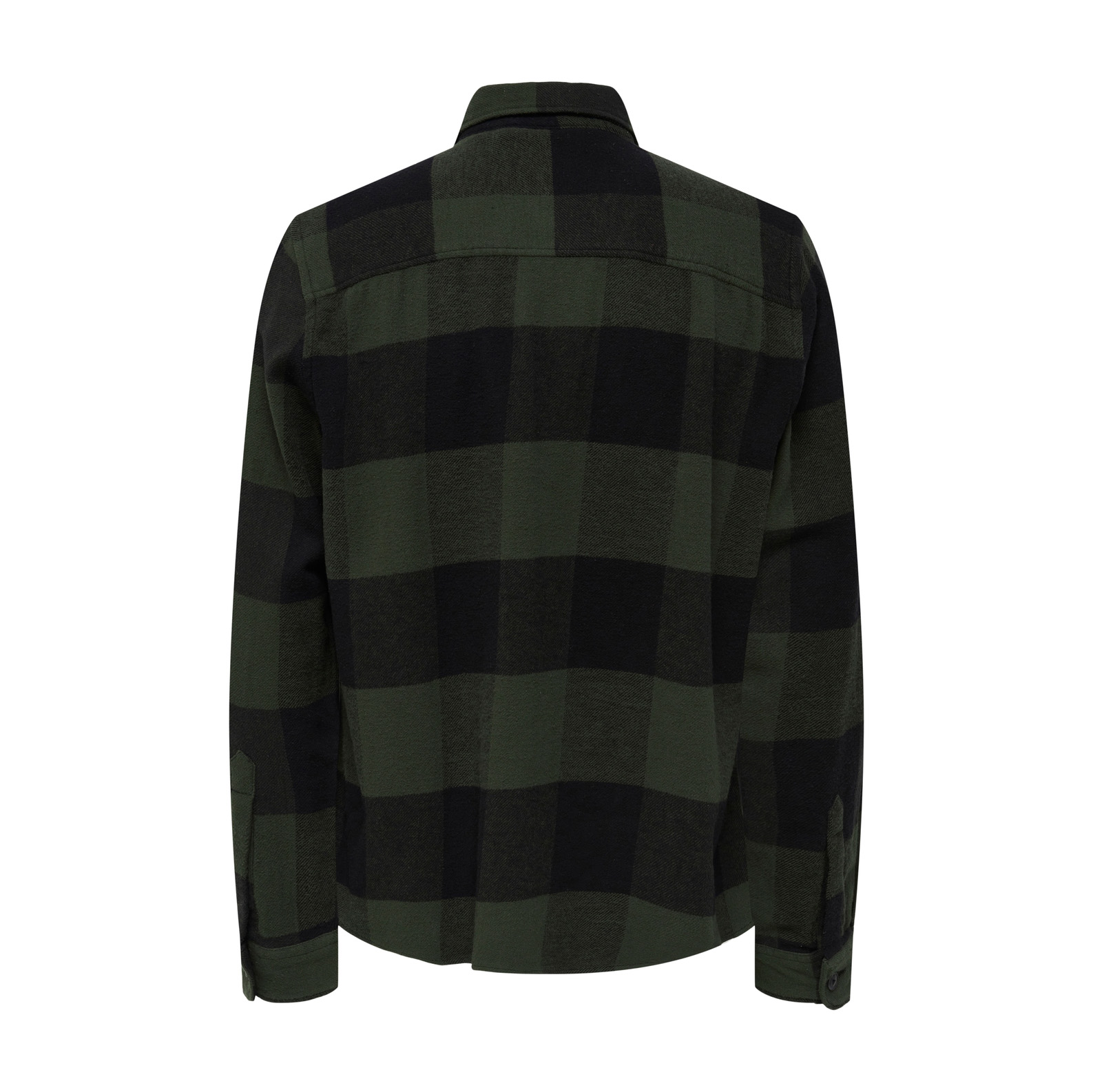 Camisa xadrez verde e preta de flanela vista de costas