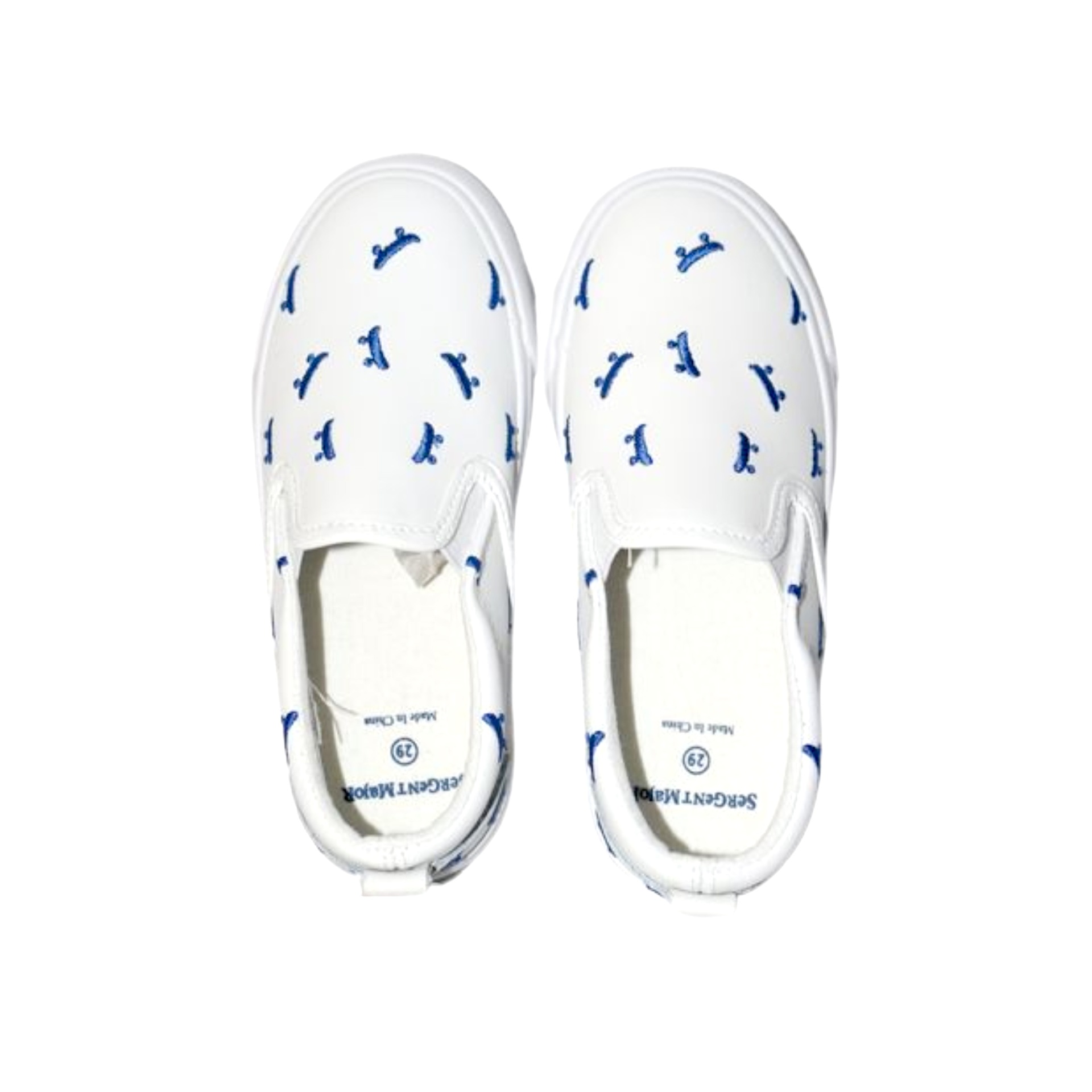 Ténis infantis brancos com padrão azul e etiqueta interna