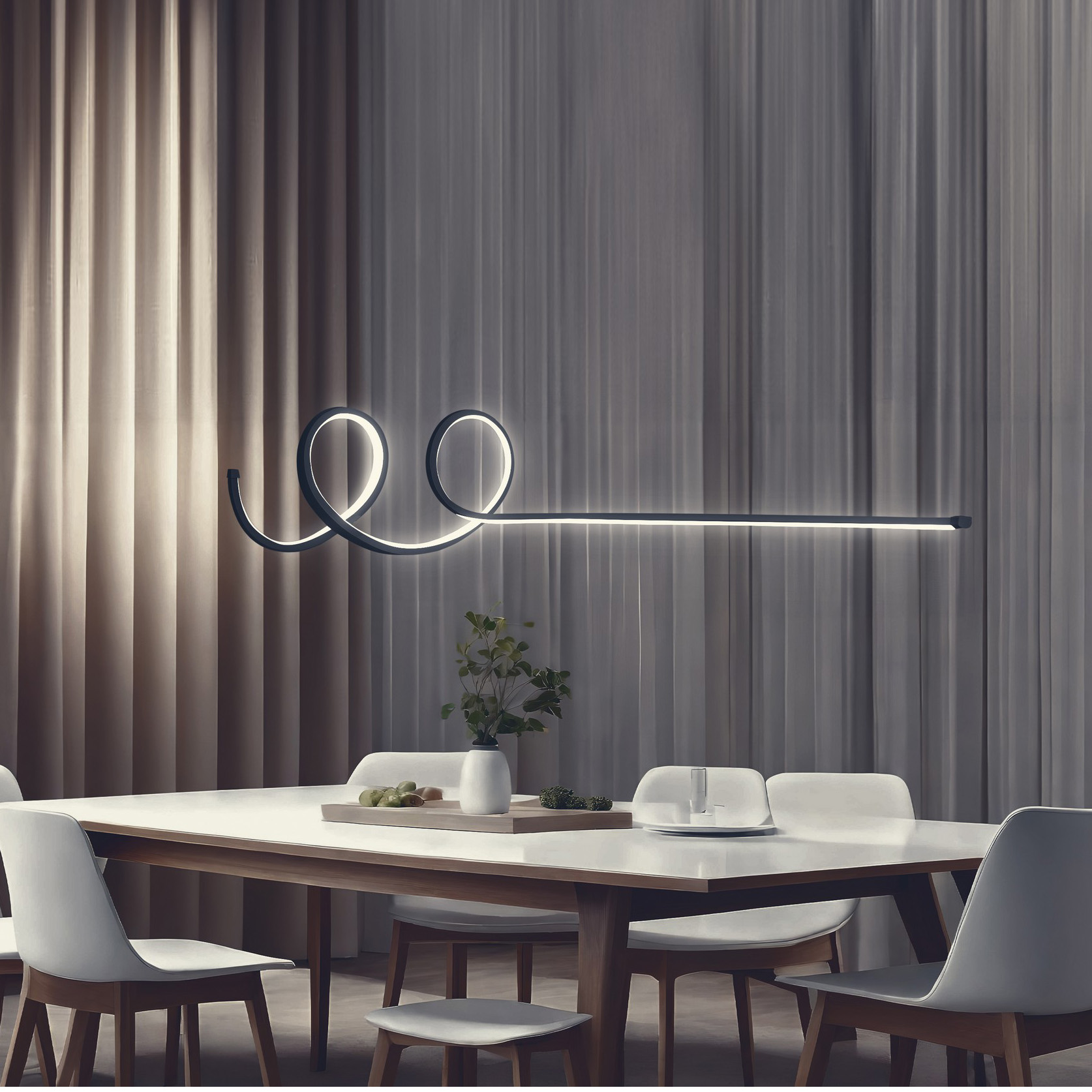 Sala de jantar com mesa branca e candeeiro LED em espiral