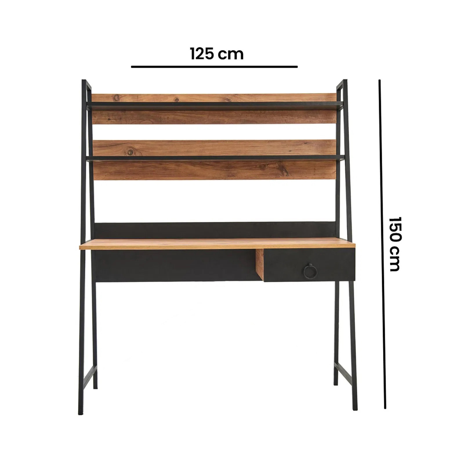Escrivaninha com estrutura preta e madeira castanha com gaveta e prateleiras