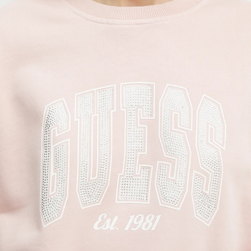 T-shirt ou sweat rosa claro com logo GUESS em branco e prateado