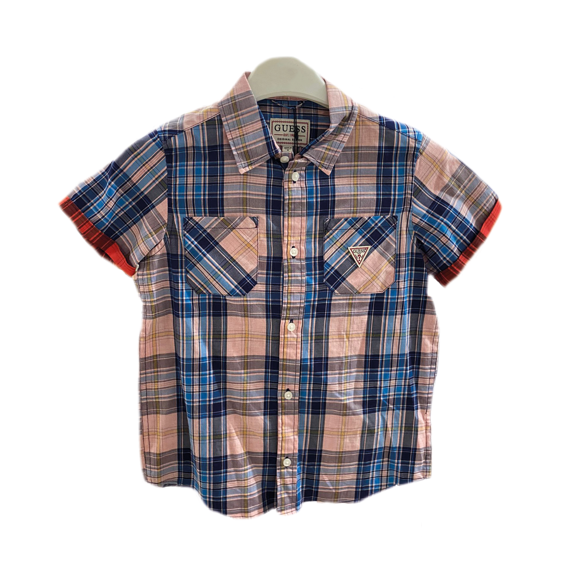 Camisa de criança de manga curta xadrez com bolsos e botões