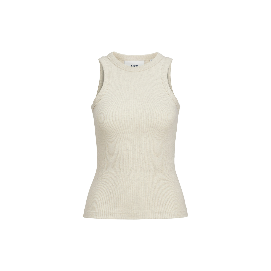 Top feminino bege claro sem mangas com gola redonda