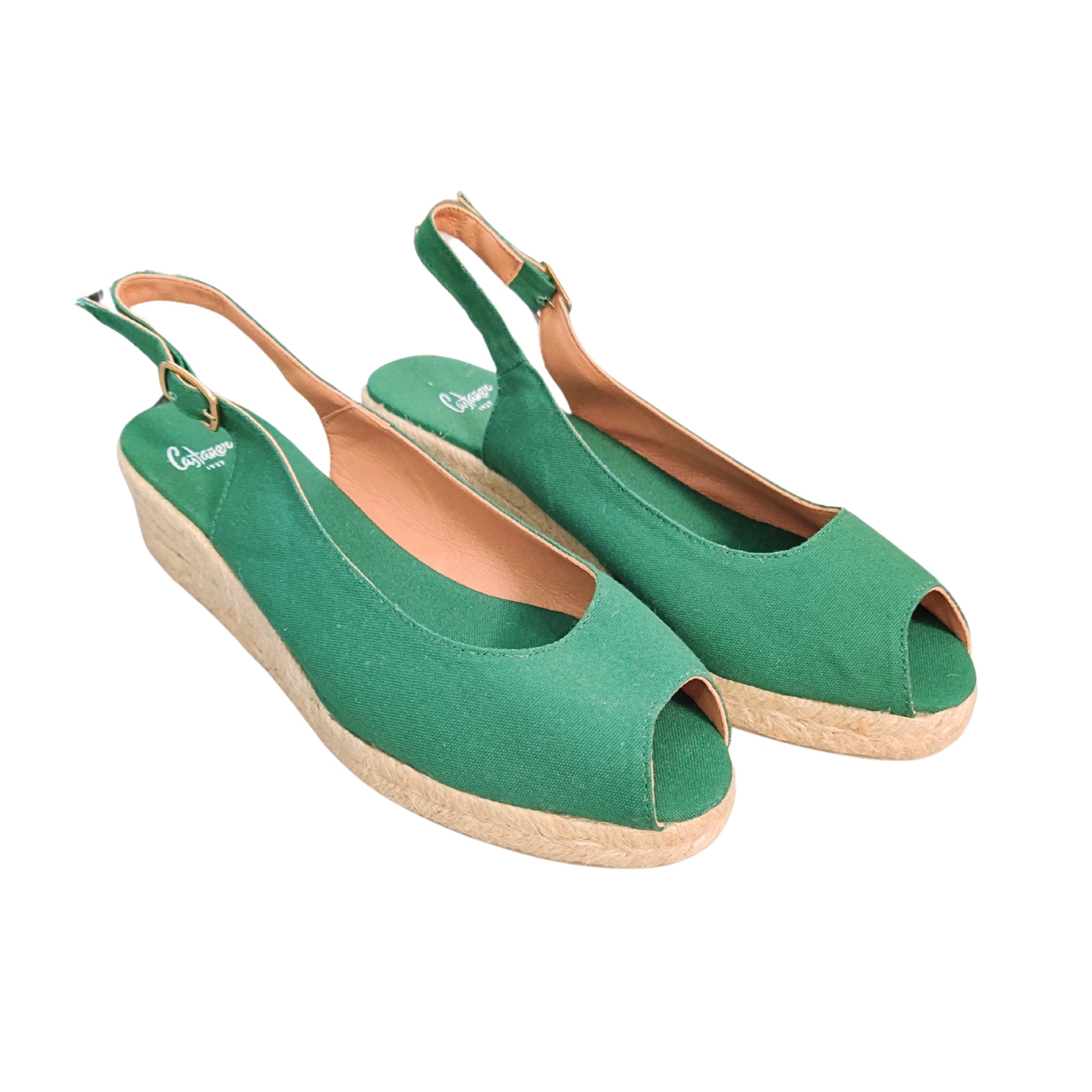 Sandálias de cunha verdes com sola de cortiça e fecho ajustável