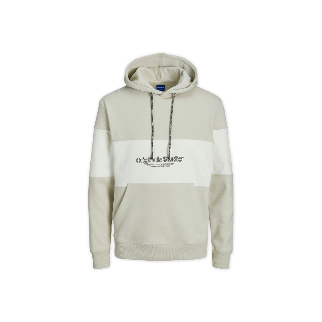 Sweatshirt com capuz bege e branco com texto impresso no peito