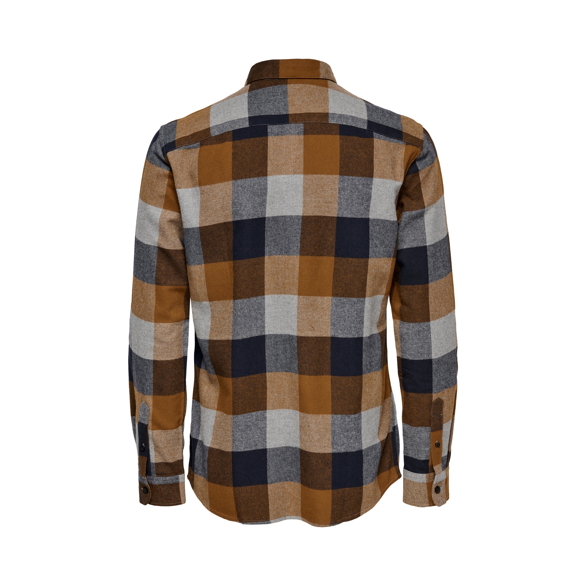 Camisa xadrez castanha, cinzenta e preta vista de costas