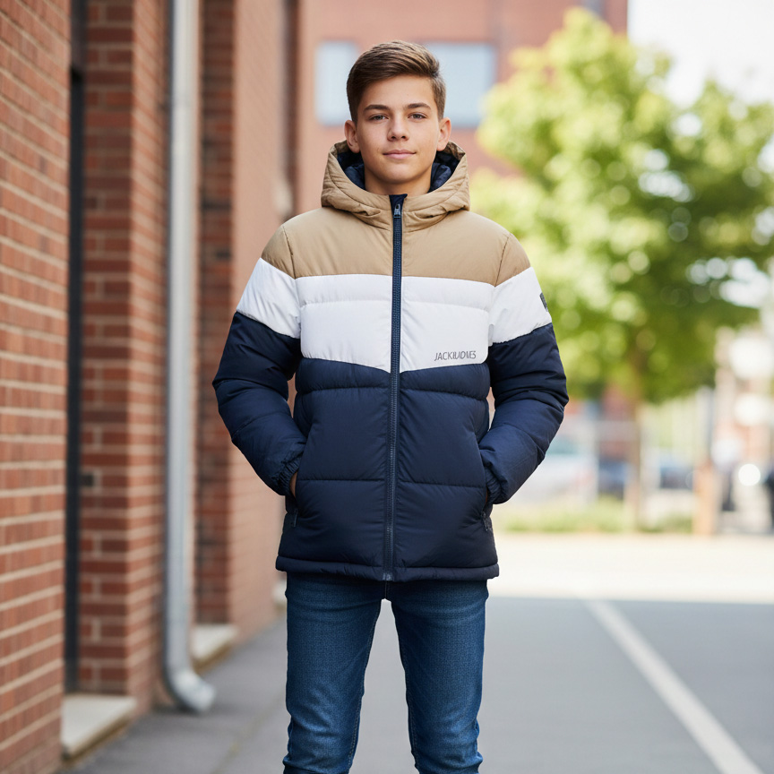 Casaco acolchoado tricolor com capuz e fecho frontal