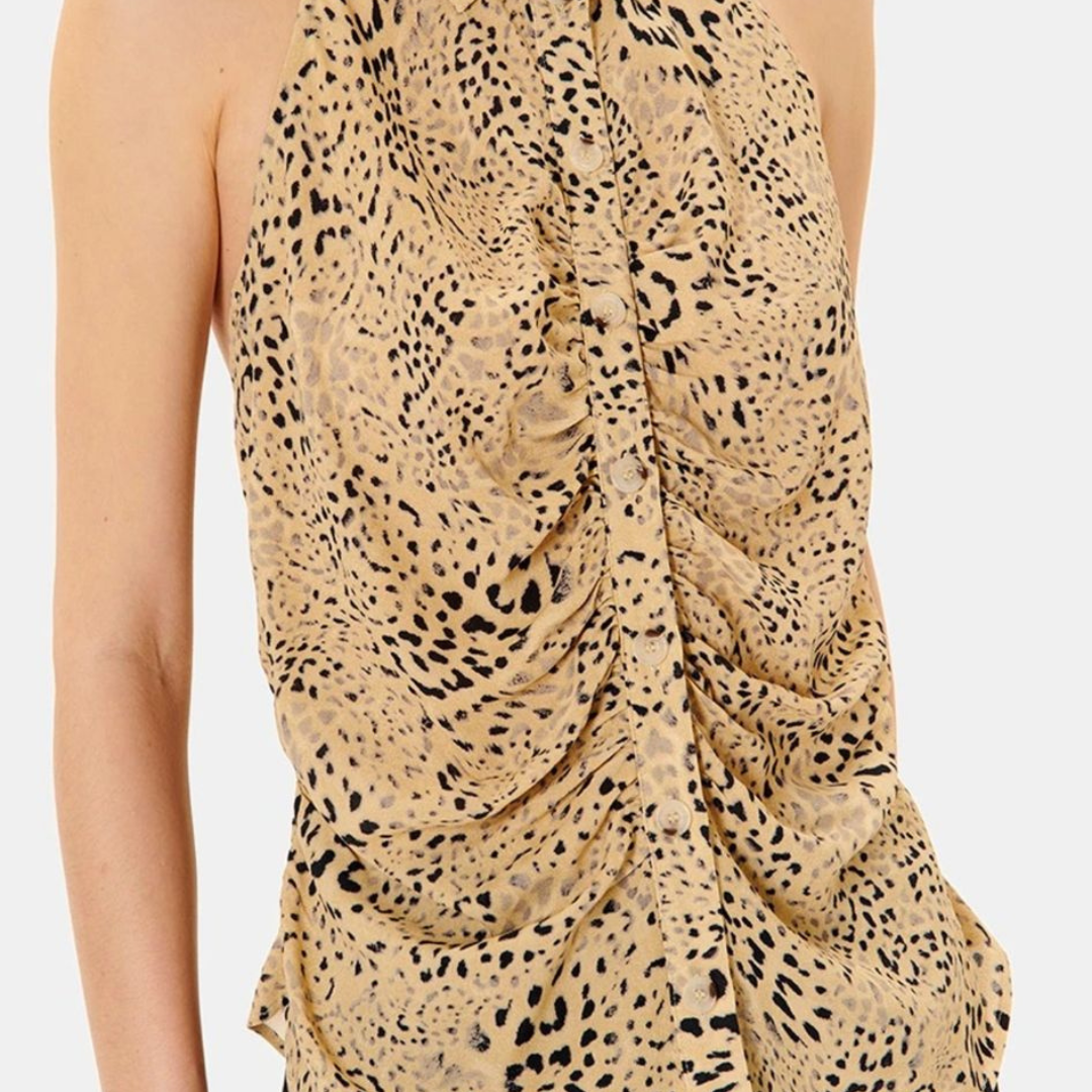 Top sem mangas padrão animal print bege e preto com franzido