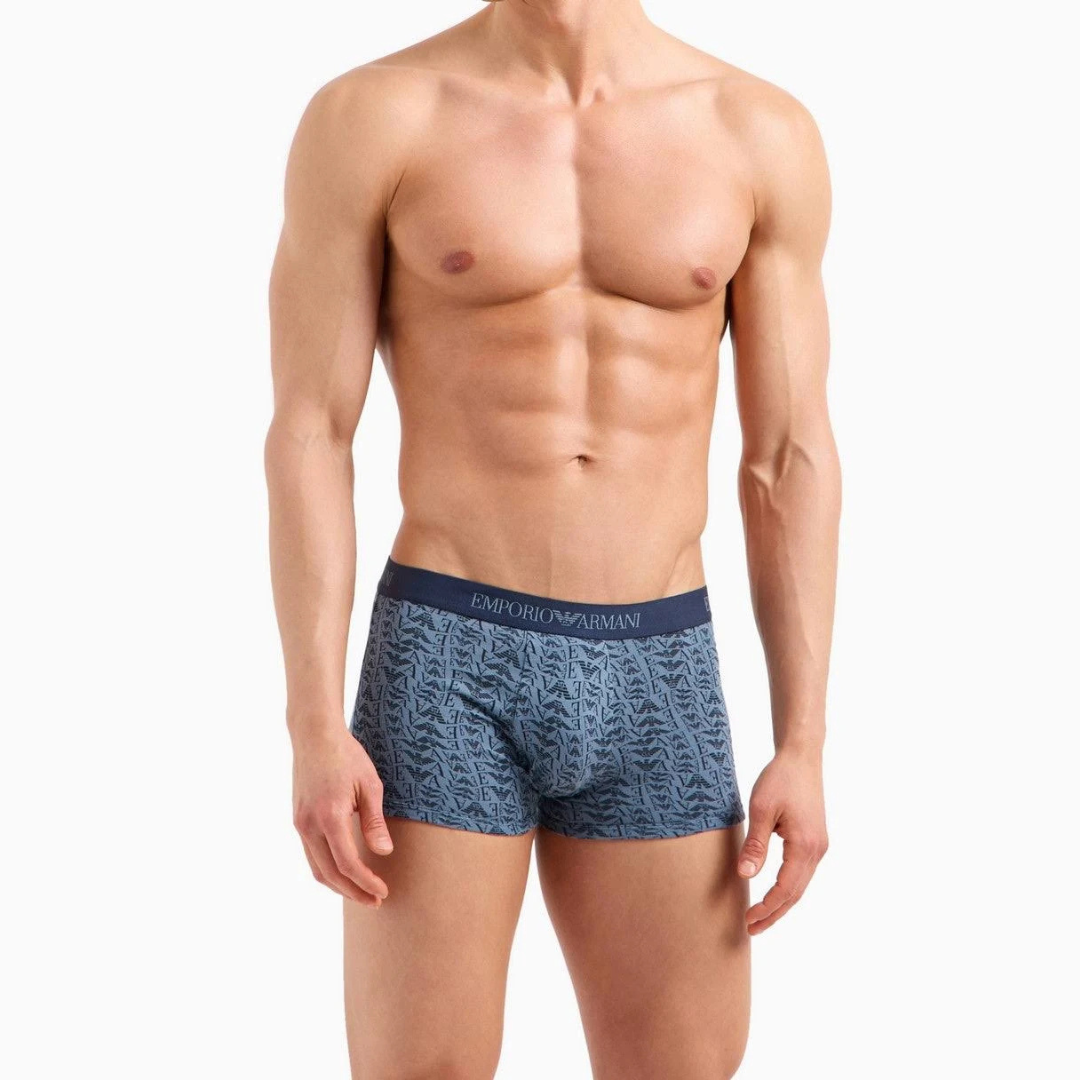 Cuecas boxer masculinas azul com padrão abstrato e cós com logo Emporio Armani